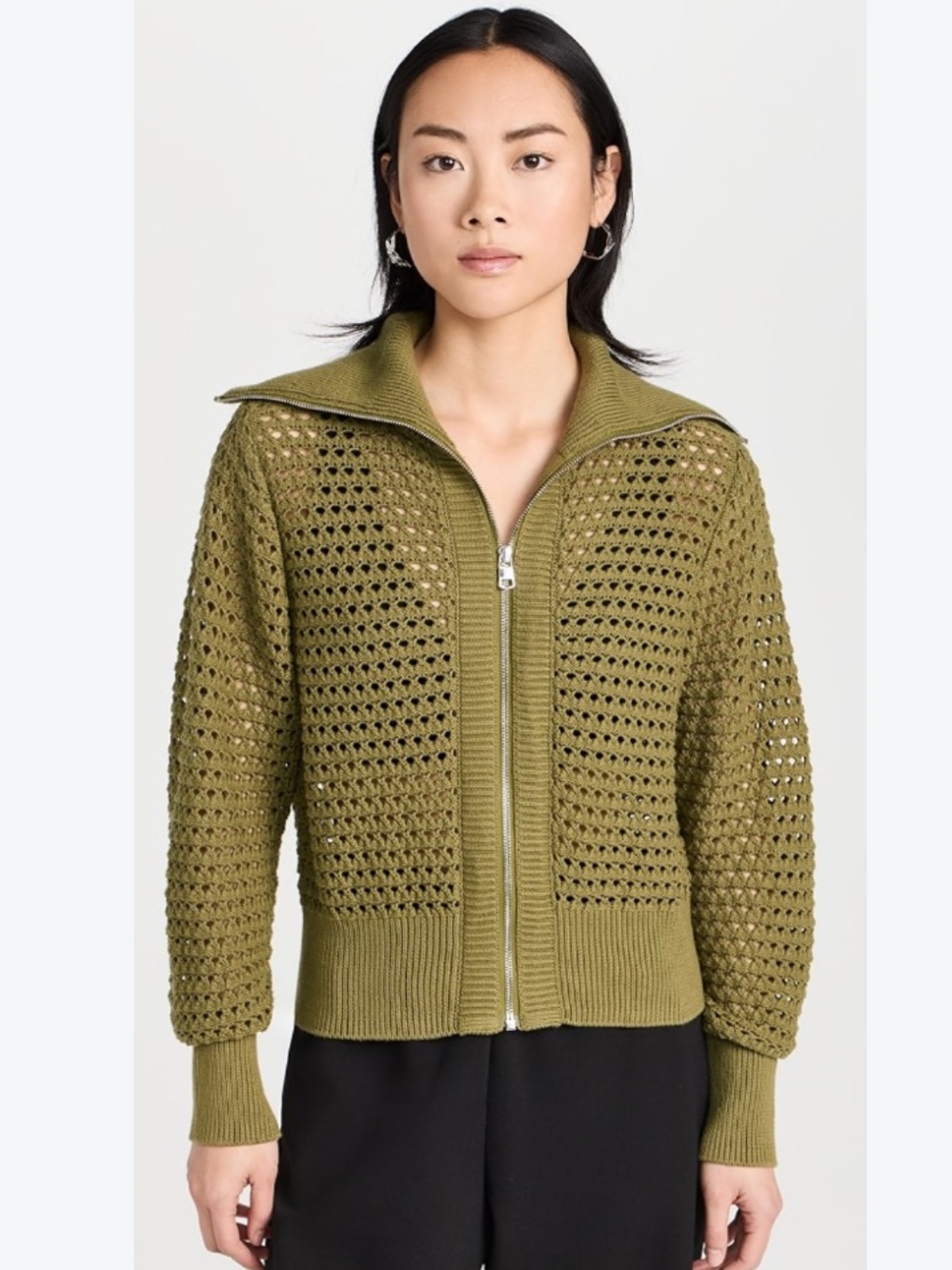 Varley Sweater Eloise Full Zip Crochet Through in Green